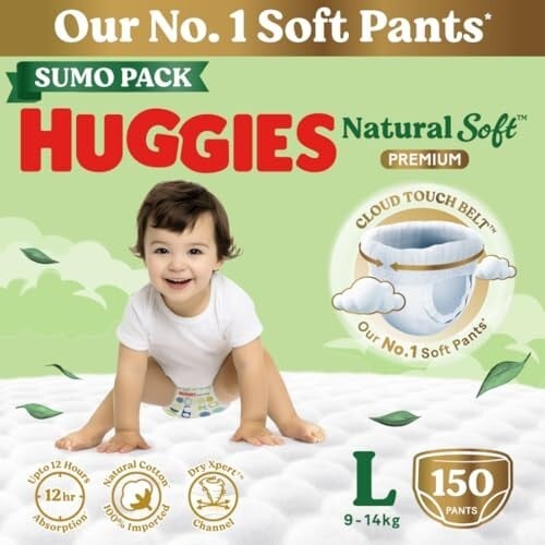 Click to enlarge Huggies Natural Soft Premium Baby Diaper Pants, Our No.1 Soft Pants, Large (L) Size (9-14 Kgs), Sumo Pack of 150 diapers | Cloud Softness All over with India's 1st Cloud Touch BeltTM