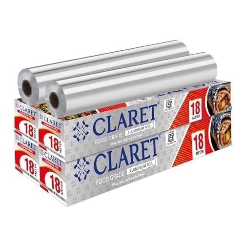Claret Food Grade Aluminium Foil Roll | 18 Meter | Kitchen Foil for Wrapping Roti Snacks Tiffin | Durable and Hygienic Foil Paper (Pack of 4)