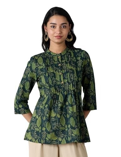 Amazon Brand - Myx Women Cotton Printed A-line Short Kurti (Available in Plus Sizes)