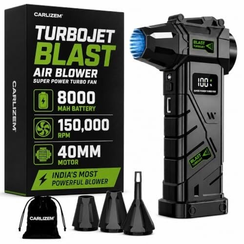 Carlizem® 2026 TurboJet Blast 150000 RPM India's Most Powerful Air Duster 8000 Mah Cordless Air Blower for Dust Cleaning, Car, PC, Home | Brushless Motor Type-C Rechargeable Mini Portable