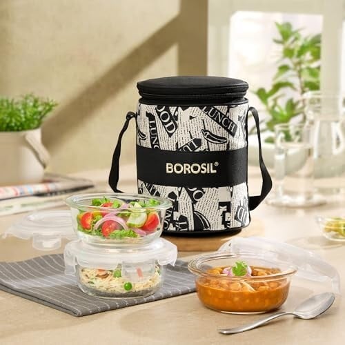 Borosil Nostalgia Borosilicate Glass Lunchbox with Bag | 3 pc Round Container Set (320 ml Each) | 39% Coupon
