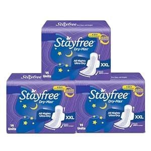 Deal: Stayfree Dry Max All Night Sanitary Pads – 42 Pads (Pack of 3 × 14) | Ultra‑Absorbent Overnight Protection | Extra Long | Comfortable Fit | Leak‑Lock Technology