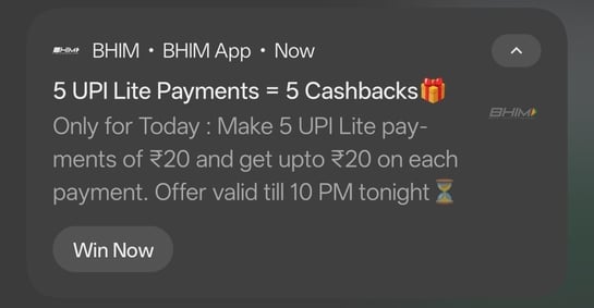 Bhim UPI lite till 10pm | 5 payments | 5 cashback till 10 pm tonight, upto 20