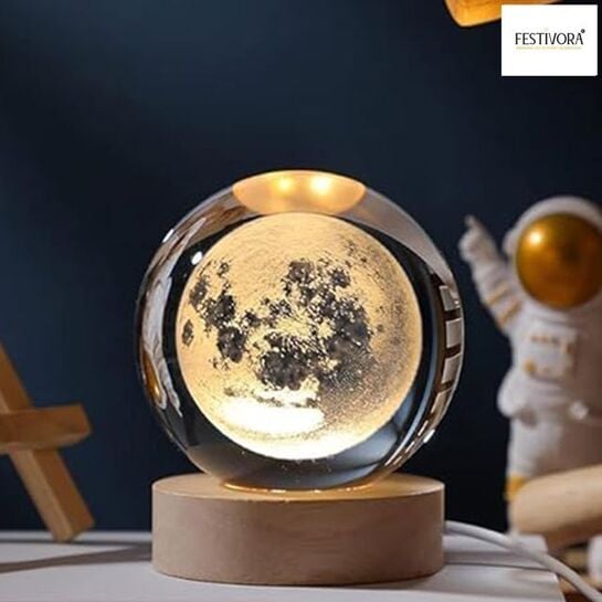 3D Moon Crystal Ball Night LED Lamp | Gifting | Home Decor | Warm White