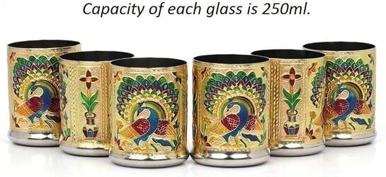 Stainless Steel Meenakari Peacock Design Glass Set of 6 Decorative Tumblers with Storage Bag, Durable Gift for Weddings & Festivals