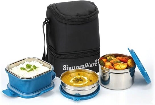 Signoraware Trio Stainless Steel Lunch Box, Set of 3, 500 ml+ 400 ml+ 200 ml