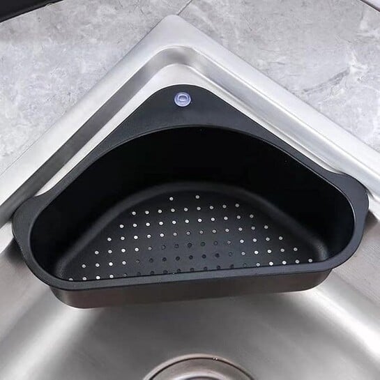ANKUL Triangle Kitchen Sink Organizer with Corner Strainer Basket, Drain Drainer Storage Rack, Food Catcher, Waste Collector Tray (MIN 1 Quantity, Black)