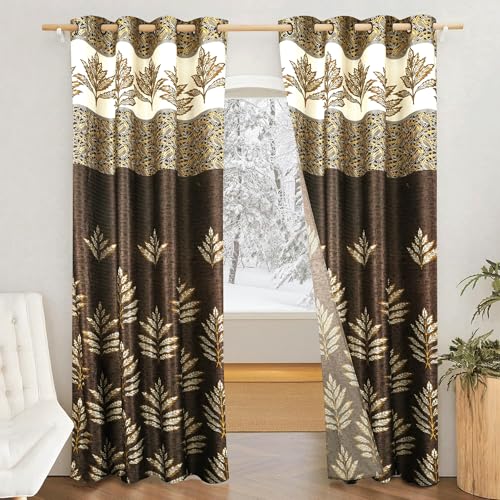 Solimo Polyester 75% Blackout Leaf Print Window Curtains|75% Room Darkening| 5 Feet |Set of 2| Leaf Print Design | for Living Room Kids Room and Bedroom | Color- Brown| Light-Filtering