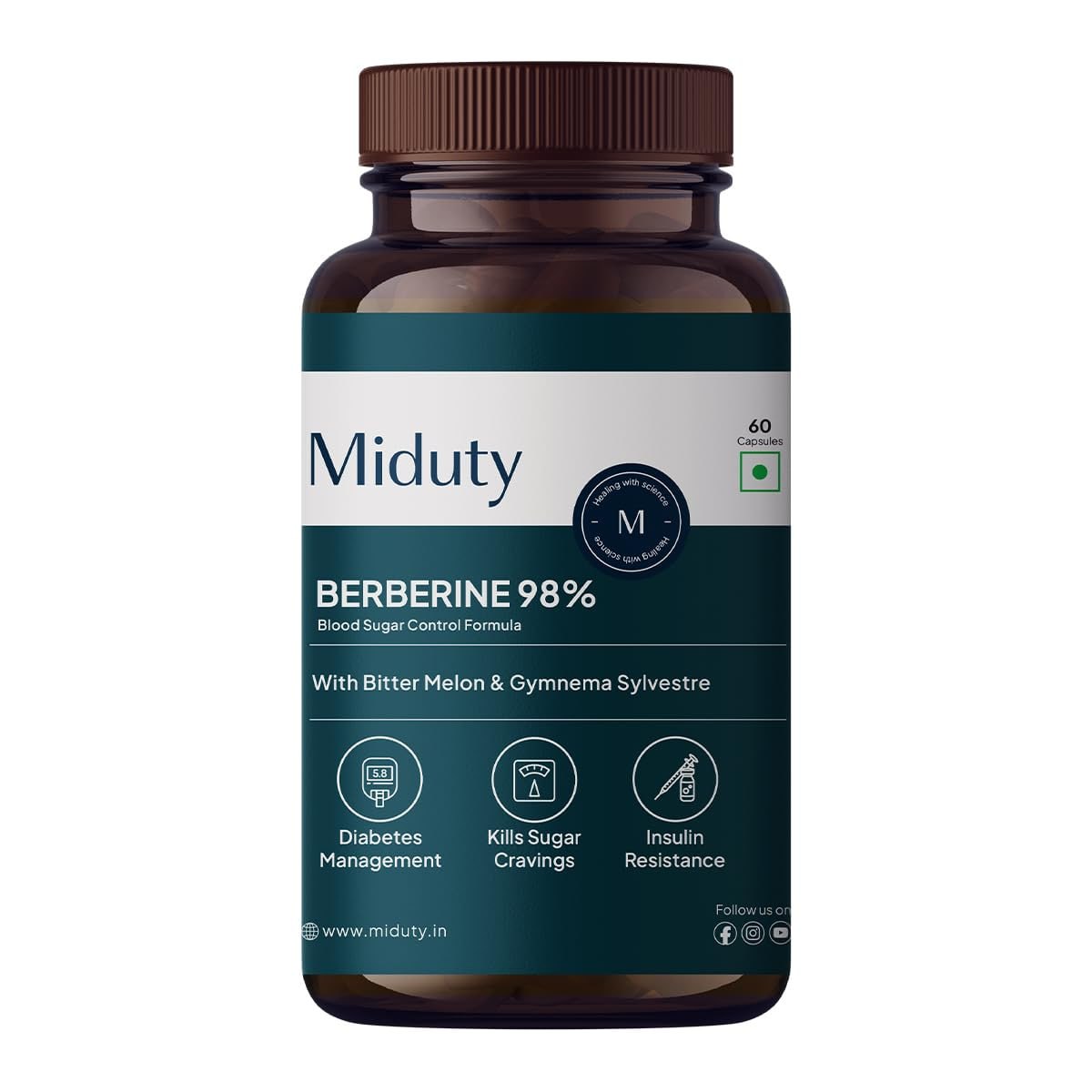 Miduty High Strength Berberine HCL 98% For Metabolism & Blood Sugar Control- Diabetic and Pre-Diabetic Care - Stop Sugar Cravings