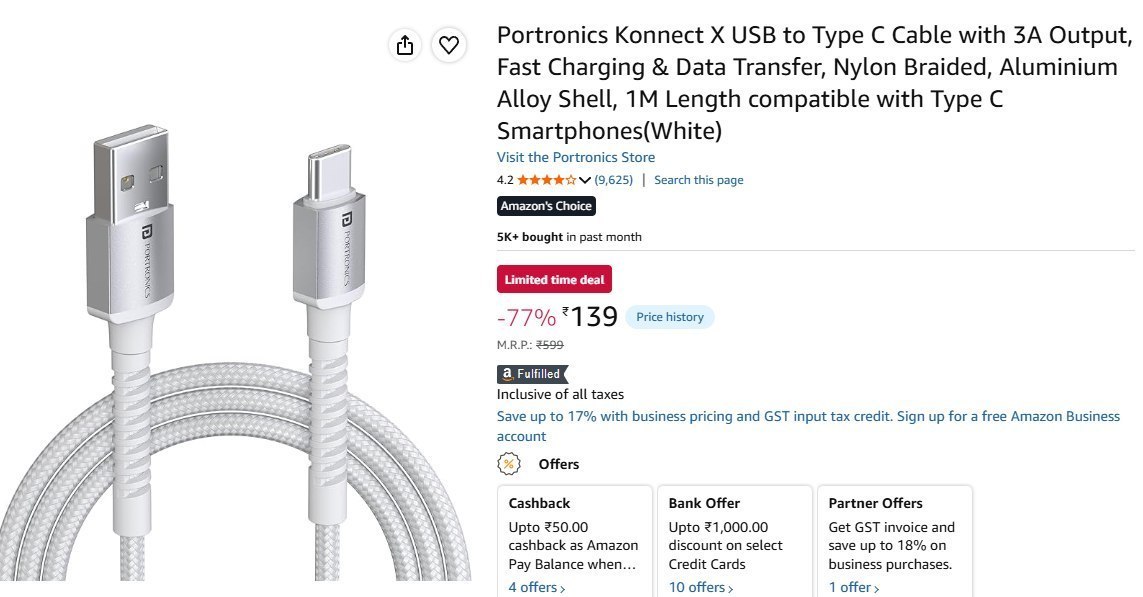 Flat 77% Off on Portronics Konnect X USB to Type C Cable with 3A Output, Fast Charging & Data Transfer