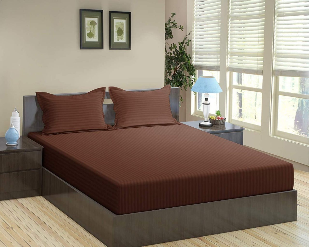 Flat 50% Off On Trance Home Linen 100% Cotton 78x72 inch King Fitted 200TC Satin Stripe Elastic Fitted Bedsheet
