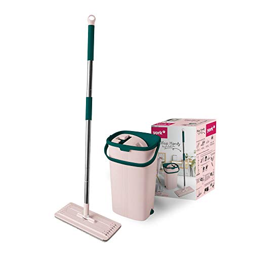 YORK Hands-Free Squeeze Microfiber Flat Spin Mop System 360° Flexible Head (32X12 cm) with Bucket, 59.8'' Extended Stainless Steel Handle