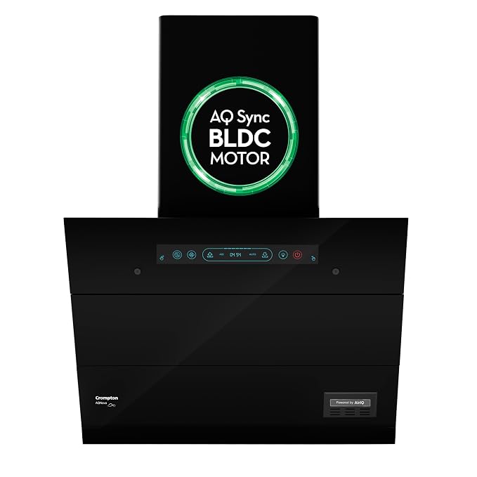 Crompton AQNova BLDC 1800m3/hr 60cm Slant Chimney|AirIQ technology|Adaptive suction| Intelligent Autoclean|Motion Sensor|15Yrs Motor & 4Yrs Overall Warranty|(Black)|Free Installation & Ducting kit