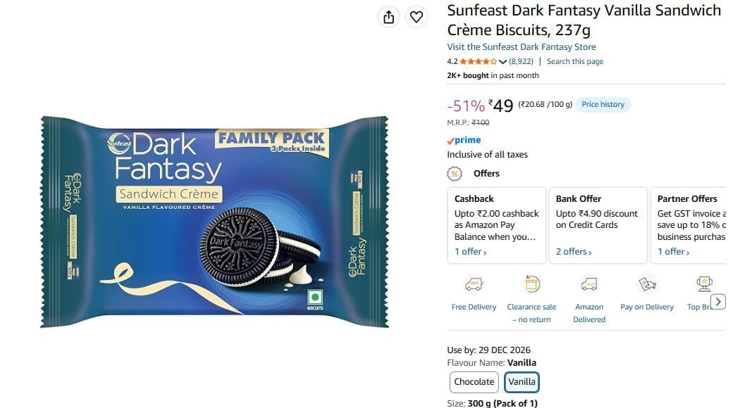 Sunfeast Dark Fantasy Vanilla Sandwich Crème Biscuits, 237g @