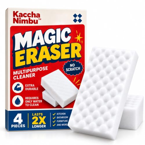 Magic Eraser Cleaning Sponge, Multi-Surface Cleaner for Wall, Kitchen, Bathroom, Shoes, Switch Boards & Floor Tiles, Melamine Foam Sponge, No-Scratch, Just Add Water (Pack of 4)