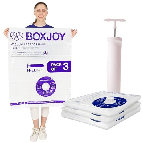 BOXJOY 𝐏𝐀𝐂𝐊 𝐎𝐅 𝟑 𝐉𝐔𝐌𝐁𝐎 (80x100cm) Transparent Vacuum Storage Bags for Packing Clothes Blanket Pillows Cloth Space Saver Suction Vaccine Air Compression Bag with Travel Vaccum Hand Pump