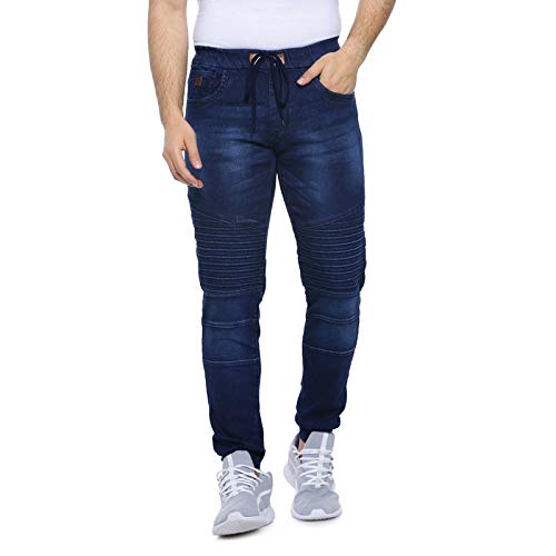 CAHOOT Men' Denim Jeans for Regular Wear Blue Dark Wash Self Patterned Slim Fit Jeans Crafted with Comfort Fit and High Performance for Everyday Casual Wear