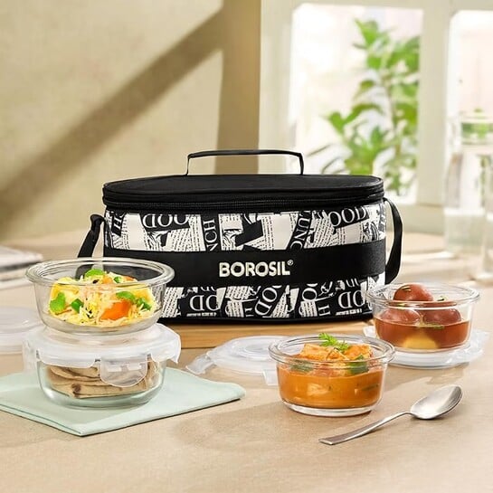 Borosil Nostalgia Universal Borosilicate Glass Lunchbox | 4 pc Round Container Set (320ml x 2 + 240ml x 2)