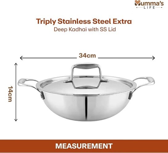 Click to enlarge Mumma's LIFE Tri-Ply Stainless Steel Induction Compatible Extra Deep Kadai with Stainless Steel Lid, 26cm, 4.1 Liter, (Silver)