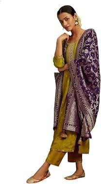 Click to enlarge Libas Women's Bright Yellow Silk Blend Embroidered Kurta Set with Embellished Dupatta