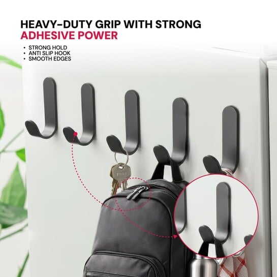 amazon basics 5 Pack Self Adhesive Wall Hooks for Hanging Strong, Carbon Steel Wall Hook for Bathroom, Kitchen & Door, No Drill Sticky Hooks, Waterproof Rust Resistant, Black