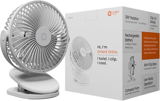 Orient Electric Orbis Rechargeable Personal Fan | 360° Rotation | 1800 mAh Battery | 4 Speed Modes with Timer