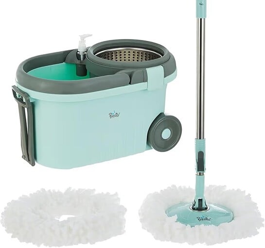 Amazon Brand – Presto! Clean Steel Spin Mop | Plastic & Stainless Steel | 2 Microfiber Refills | Big Wheels with Drag Handle