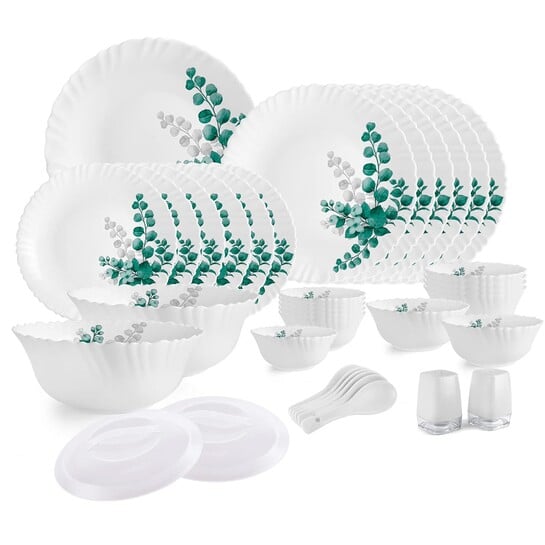 Cello Aqua Leaves Dazzle Series Opalware Dinner Set, 37 Pieces