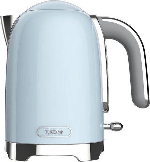 Click to enlarge Tower Electric Kettle 1.7L Metal Body Auto Shut-Off 360° Base Blue | 1.7L capacity, 1350W rapid boil
