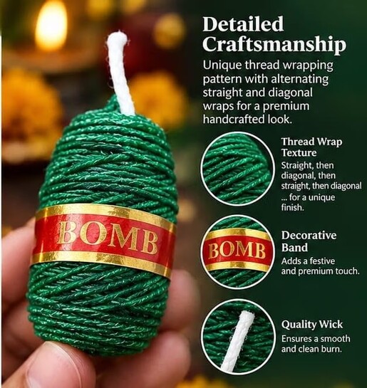 Sutli Bomb Shaped Decorative Candles for Diwali Decoration (Pack of 6) | Festive Green Cracker Design Wax Candles | Home Décor, Pooja, Diwali Gift, Party & Festival Decoration