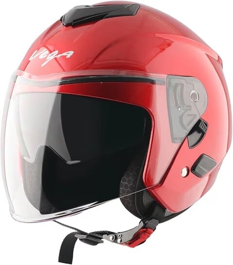 Vega VO 04 Punch Dual Visor Open Face Riding Helmet with Lightweight Shell, Shock-Absorbing Liner, Comfortable Interior, Aerodynamic Design, Ventilated Fit, and Modern Cherry Red Styling Che...