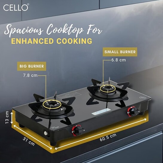 Click to enlarge Cello Hexa Toughened Glass-Top 2 Black Aluminium Alloy Burner LPG Open Gas Stove | ISI Certified | Spill Proof | Ergonomic Knobs | Six Prone Pan Support | Pin Brass Burners | 1 Year Warranty