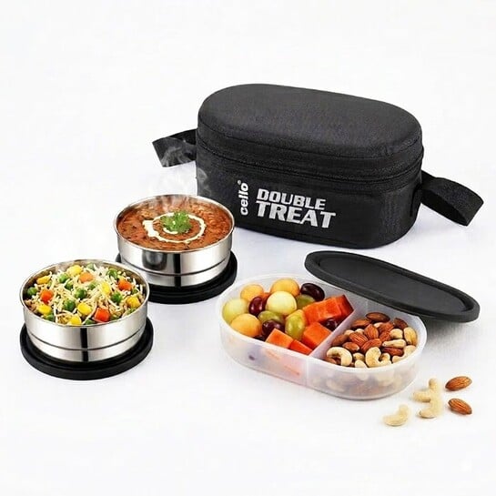 CELLO Double Treat Set of 3 Pcs Lunch Box for Office Use with Jacket Black | 2 x300ml Stainless Steel Containers, 1 x Oval Container| Lightweight Leakproof Airtight Tiffin Box Case For Schoo...