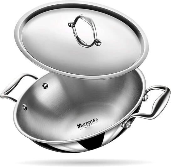 Click to enlarge Mumma's LIFE Kadai for Cooking Stainless Steel, 3L Triply Stainless Steel Kadai for Cooking with Lid, 24 cm Diameter, 2.5 mm Thick Heavy Bottom for Gas & Induction | Perfect for Deep Frying