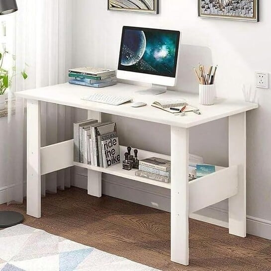 Amazon Brand - Solimo Study Table | Engineered Wood Computer Desk with Storage Shelf | White | L 90 x W 50 x H 77 cm
