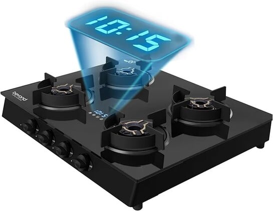 Beyond Appliances Auriga Pro 4 Full Brass Burner Smart Gas Stove | Auto Ignition | Digital Timer | Flame Failure Device | Toughened Glass | ISI Certified, LPG & PNG Compatible, PAN India Service