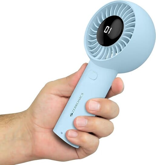 Zebronics Heat Buster 200, Portable Hand Fan, Upto 12h Backup, 3600mAh Rechargeable Battery, 5 Speed Modes, Upto 5.9m/s Airflow