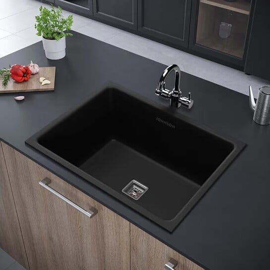 Click to enlarge Johnson Qubix Black Quartz Kitchen Sink with Waste Coupling | 24"x 18"x 9.5" | 5 Years Warranty