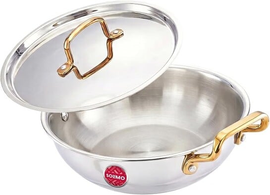 Click to enlarge Amazon Brand - Solimo Premium Triply Stainless Steel Kadhai 26cm (3.2L) | SS Lid | Even Heating