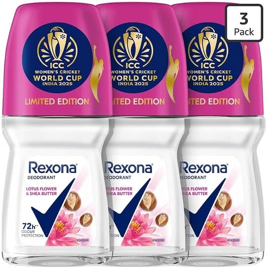 Rexona Lotus Flower & Shea Butter Antiperspirant Roll-On | for Women | 72H Odour Protection | Limited Edition Pack - ICC Women’s Cricket World Cup India 2025 | 50 ML (Pack of 3)