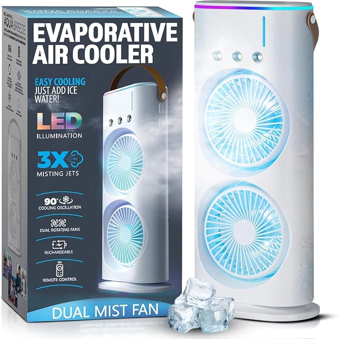TEKCOOL Double Ended Spray Fan, Cold Air, 2025 New 3 Gears USB Rechargeable Oscillating one with LED Light Cooler, Touch & Remote Control, 280ml Water Tank, Ice Filling (White)?