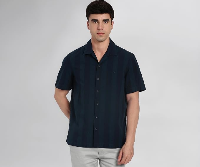 Peter England Men’s Casual Half Sleeve Resort Collar Shirt in 100% Cotton Seersucker with Striped Design