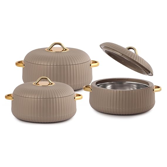 CELLO Aurum Insulated Casserole Hot Pot Box Set of 3 Pcs (1000ml, 1000ml, 1500ml) Beige | Airtight Lid Hot Pot Case Keeps Food Hot & Warm For Long Hours, Casserole Set For Roti Chapati Rice Biryani