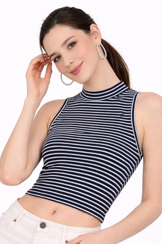 Click to enlarge Women Cotton 1x1 Rib High Neck Sleeveless Crop Top Slim Fit