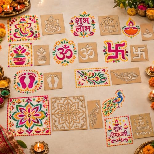 Click to enlarge Rangoli MDF Stencil for Diwali Floor Decoration, 2.5mm, 14 Unique Designs