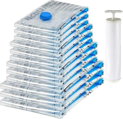 Click to enlarge amazon basics Vacuum Compression Storage Bags with Hand Pump - 12-Pack (3 Jumbo, 3 Large, 3 Medium, 3 Small), Plastic | White