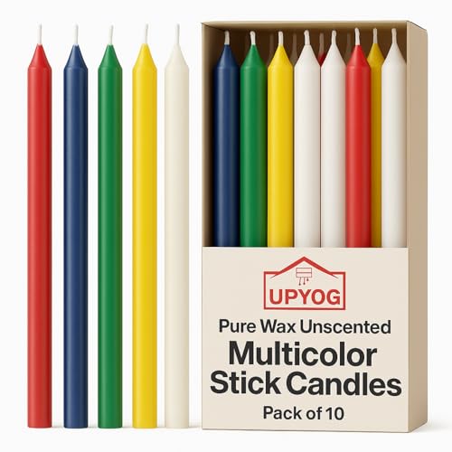 UPYOG Pure Wax Unscented Multicolor Stick Candles – Pack of 10 | 140mm × 10mm Chime Candles for Rituals, Spells, Religious Ceremonies & Home Décor