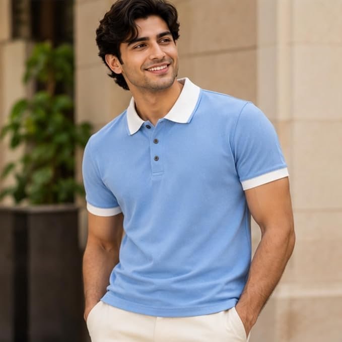 Men’s Premium Light Blue Cotton Pique Polo T-Shirt with Contrast White Collar & Sleeve Cuffs