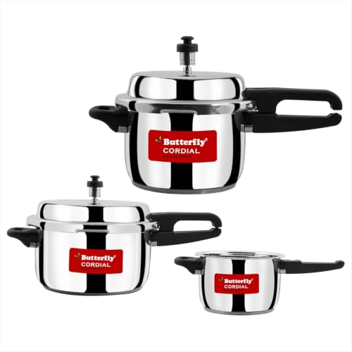 Butterfly Cordial 2L, 3L & 5L SS Pressure Cooker Combo | Stainless Steel | Induction & Gas Stove Compatible| ISI