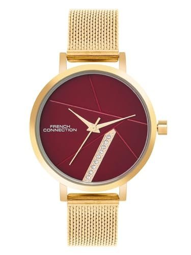 French Connection Sunray Maroon Round Dial with IP Gold Stainless Steel Mesh Strap Watch - for Womens FCN0137GM